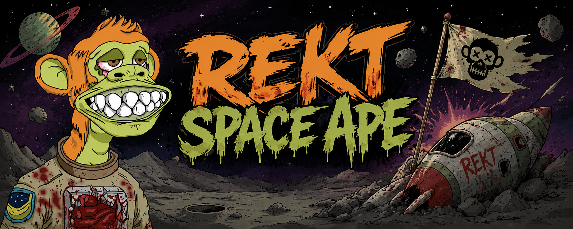 Rekt Space Ape: a green-and-orange ape in a bloodstained spacesuit stands on a dead moon beside a crashed REKT rocket and a tattered pirate flag.