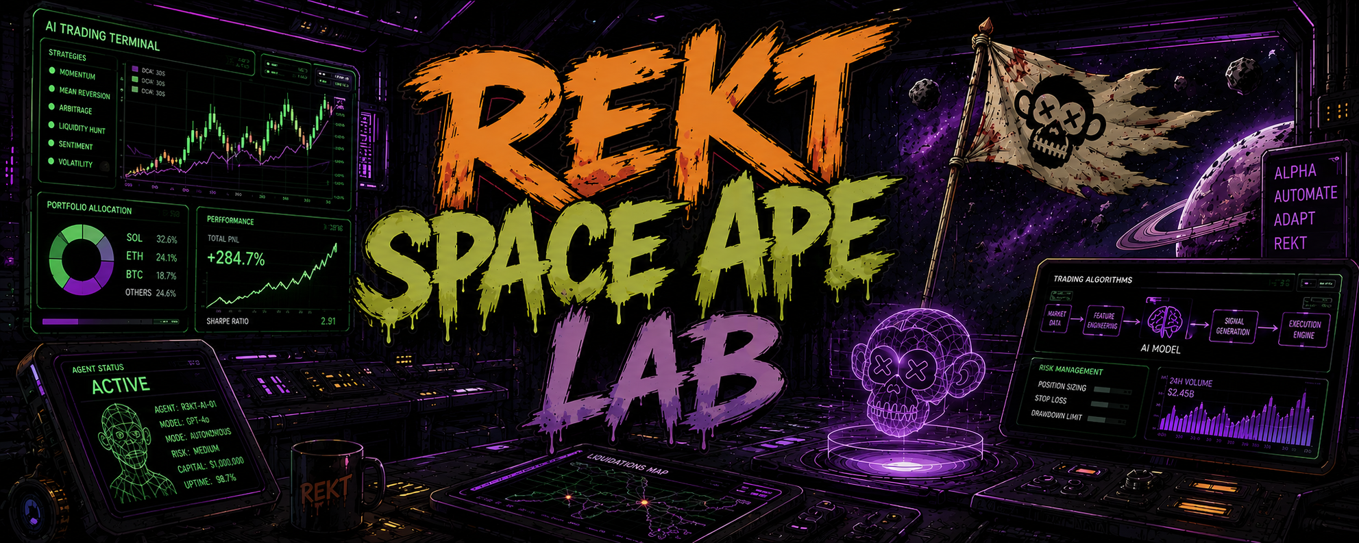 REKT SPACE APE LAB: a neon trading command centre on a dead moon, AI trading terminal, agent status, algorithm and risk panels, a skull hologram and tattered skull flag.